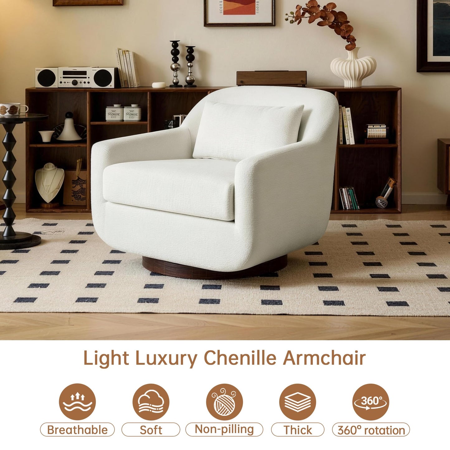 Swivel Accent Chair, 360° Swivel Upholstered Barrel Chair for Living Room, Comfy Club Armchairs Reading Chair with Curves Back Design, Metal Swivel Base, Chenille Fabric, Dark Gray