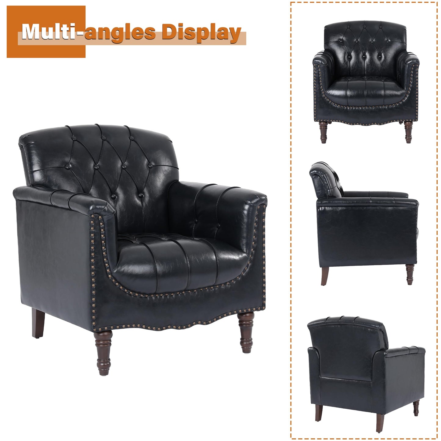 Faux Leather Club Chair, Retro Upholstered Armchair Accent Chair with Solid Wood Legs & Nailhead Trim for Living Room, Bedroom, Reading Room, Camel
