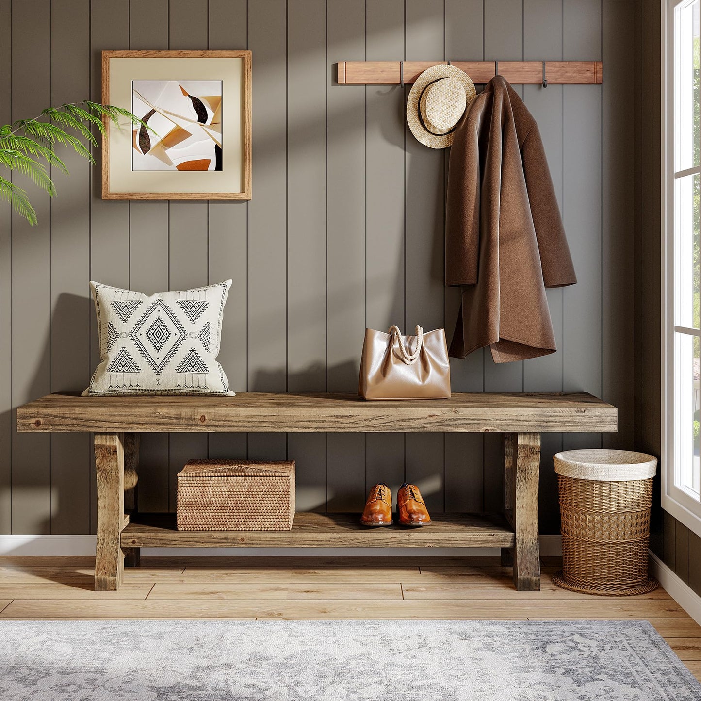 Solid Wood Entryway Bench, 55" End of Bed Bench, Long Indoor Dining Seat for Hallway, Bedroom, Living Room, Dining Room, Easy Assembly, Brown