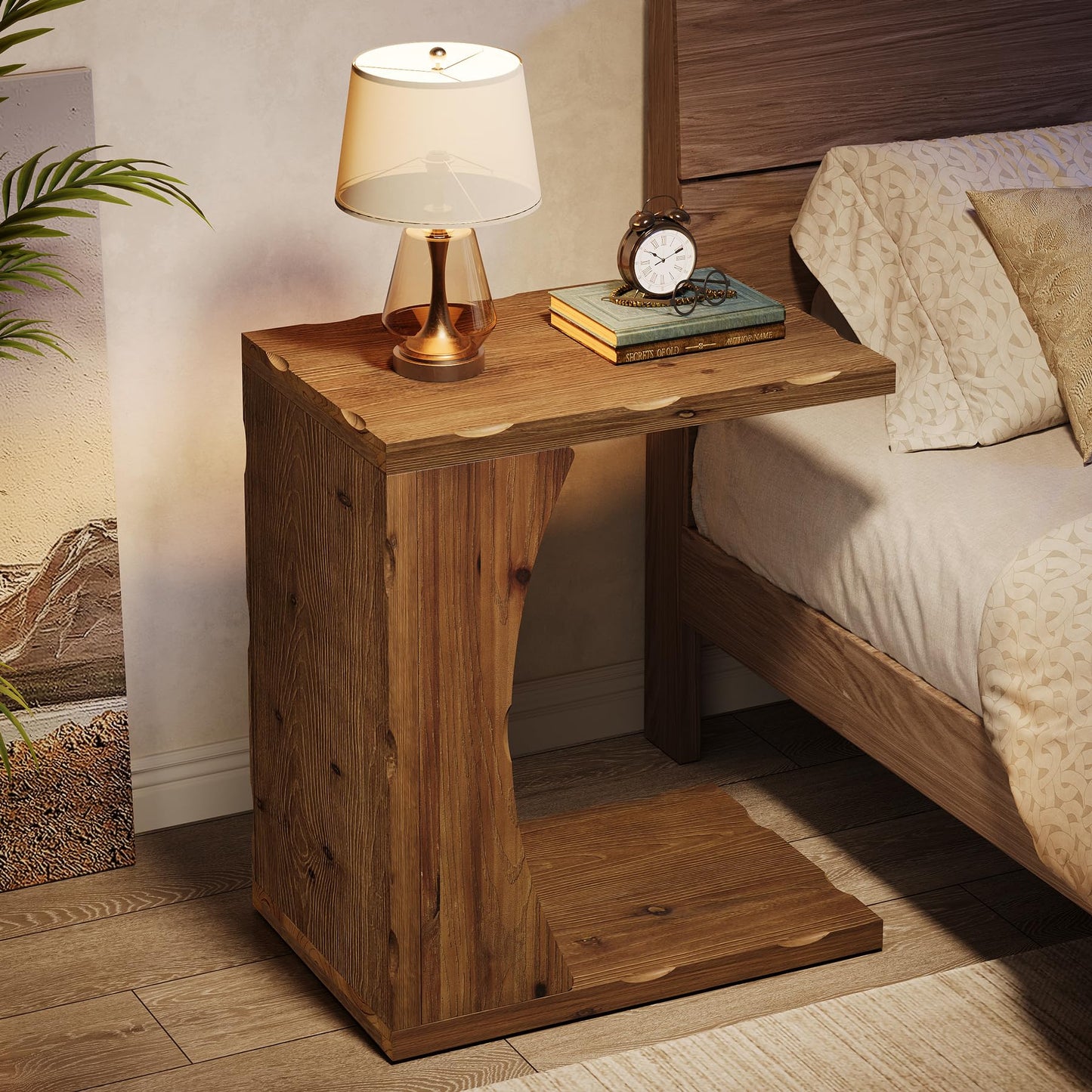 C-Shaped End Table for Living Room, Solid Wood Narrow Skinny Side Table for Couch, Farmhouse Bedside Nightstand with Storage Shelf for Bedroom, Small Place, Easy Assembly, Rustic Brown,1PCS