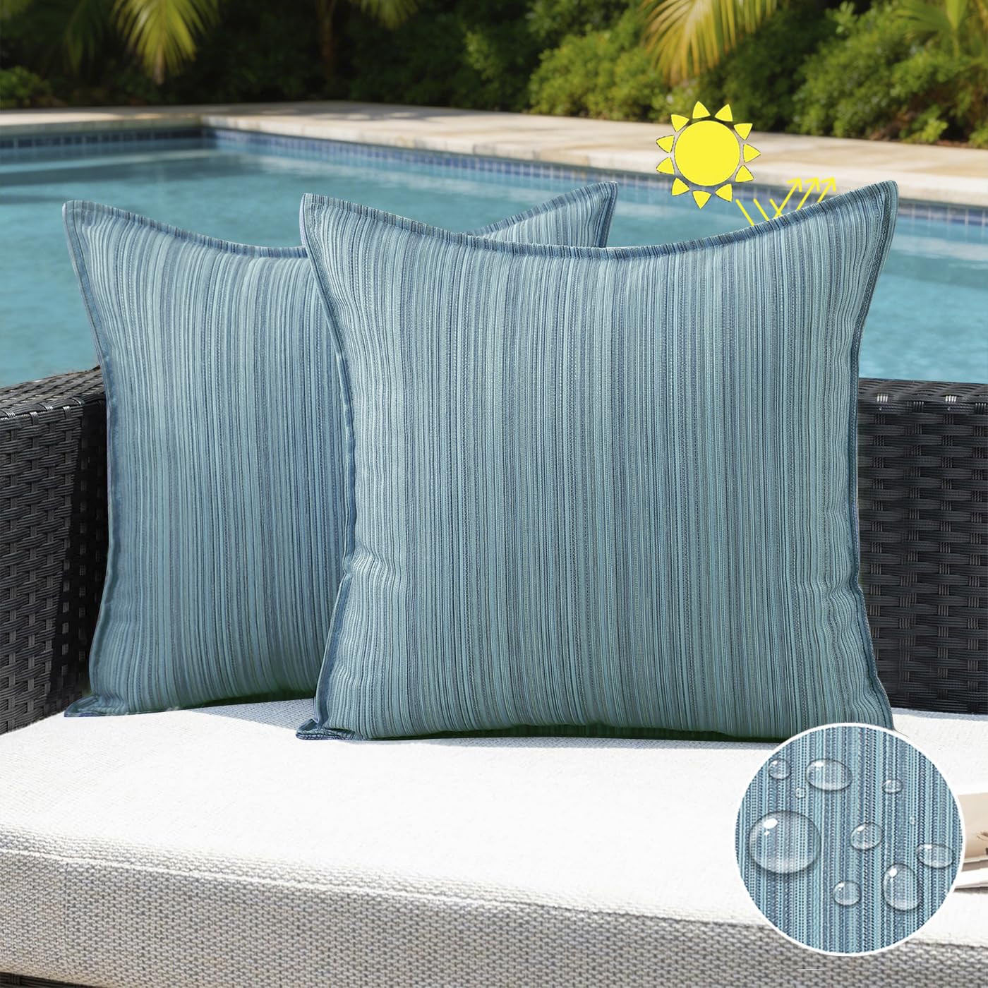 VAKADO Outdoor Waterproof Throw Pillow Covers 18x18 Set of 2,Chenille UV Decorative with Hem Patio Furniture Cushion Cases Decor for Bench Garden Tent Chair Seat Porch Couch,Stripe Beige
