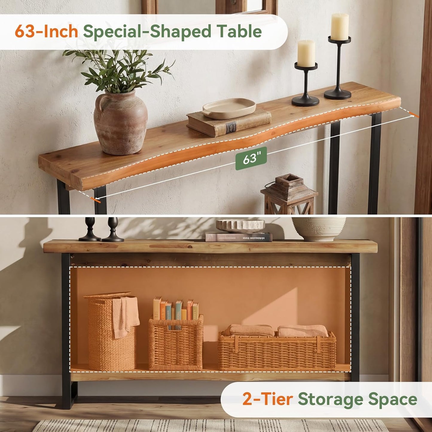 Solid Wood Live-Edge Console Table for Entryway, Farmhouse 63-Inch Narrow Long Sofa Table Behind Couch with Unique Shape, Heavy-Duty Metal Legs, Ideal for Foyer, Entrance, Living Room