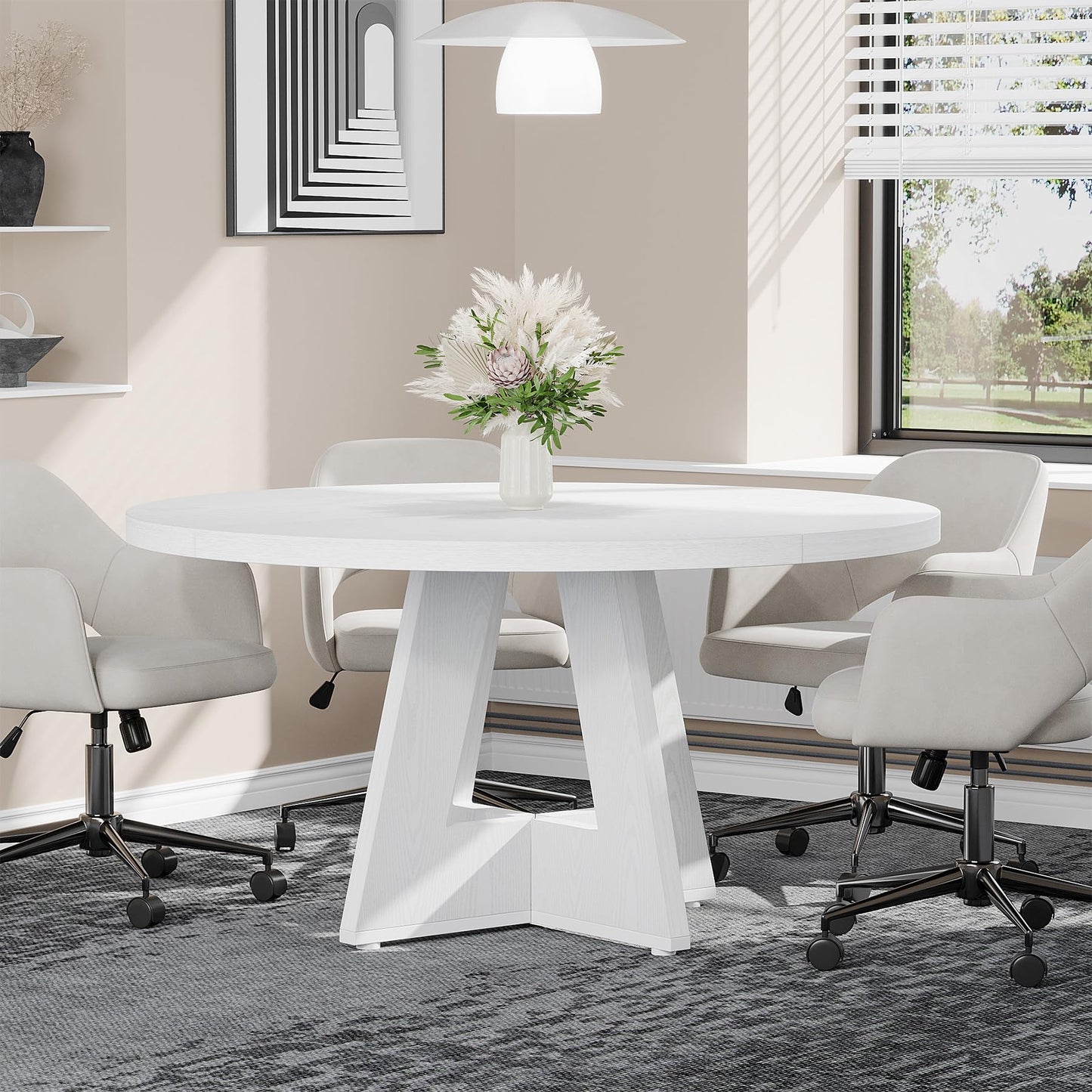 Tribesigns 47-Inch Round Conference Table for 4-6 People, Wooden Meeting Room Table with Thicken Tabletop and Wood Base (Grey)