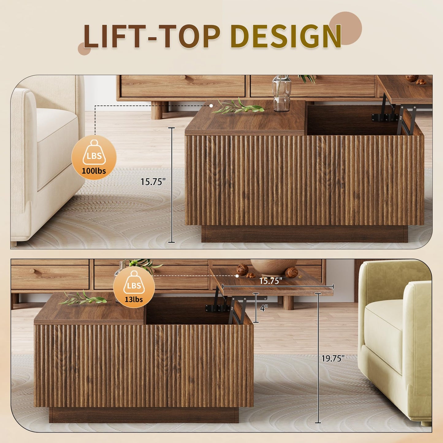 Epecoya Lift Top Coffee Table, Farmhouse Square Fluted Center Table, 31" Modern Wooden Tea Table with Hidden Storage for Living Room, Apartment, Small Spaces, Brown Walnut