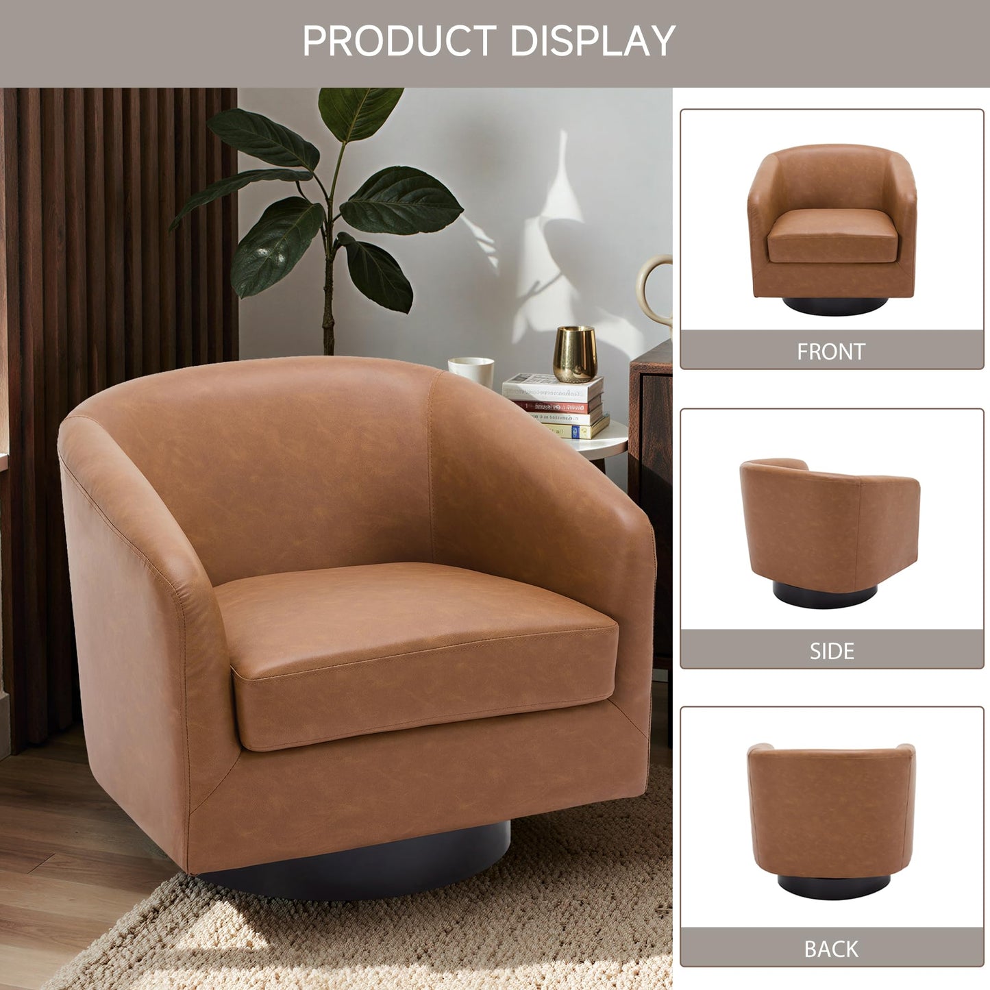 Swivel Barrel Chairs Set of 2, 31" W Modern Faux Leather Round Swivel Accent Chair for Living Room, 360° Rotation Upholstered Armchair Club Chair for Bedroom, Reading Room, Office (Brown)