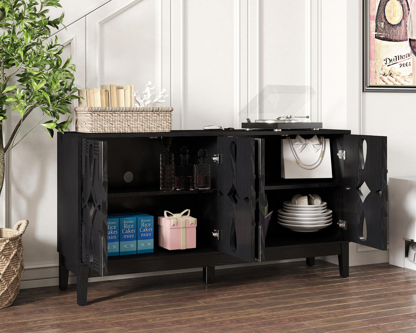 LKTART 60" Mid Century Modern Sideboard Buffet with Hollow Carved Doors and Outlet Holes,Vintage Accent Cabinet Credenzas Storage Cabinet Walnut