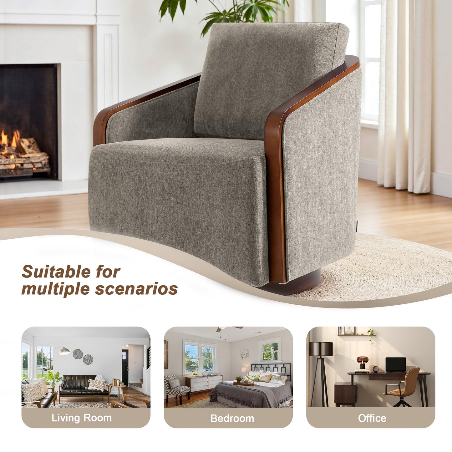 360° Swivel Barrel Chairs Set of 2, Upholstered Swivel Round Barrel Chair, Comfy Chenille Fabric Single Club Armchair Accent Chair for Living Room, Reading Room, Bedroom, Beige Brown