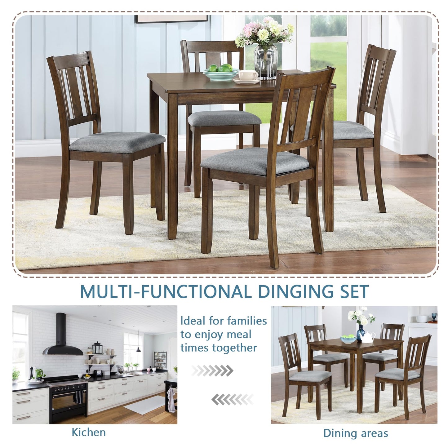 LKTART 5-Piece Kitchen & Dining Room Table and Chairs Sets,Small Square Kitchen Table with 4 Upholstered XX-Shaped Backrest Chairs,Walnut