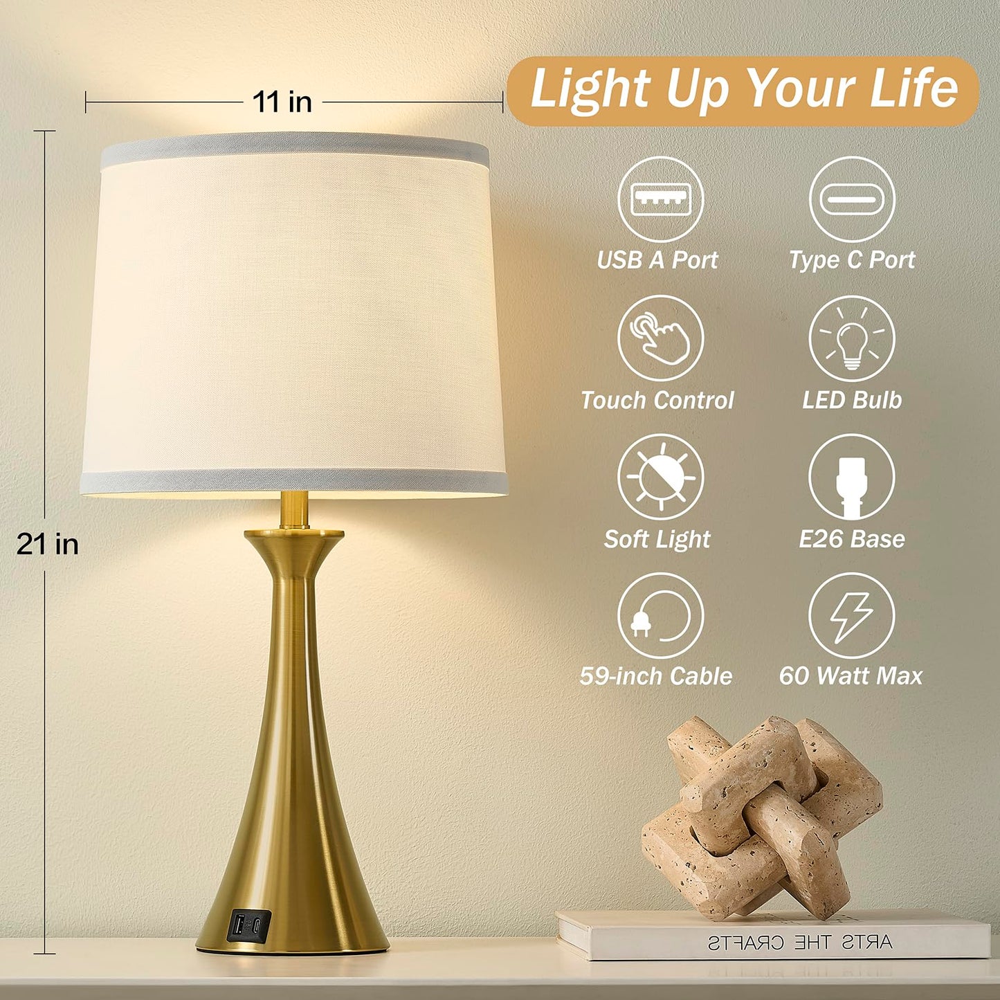 Touch Lamp for Living Room Bedroom, 21" Table Lamps Set of 2 with USB C+A Ports, Touch Bedside Lamps for Nightstand with 3 Way Dimmable, 2 LED Bulbs Included, Black