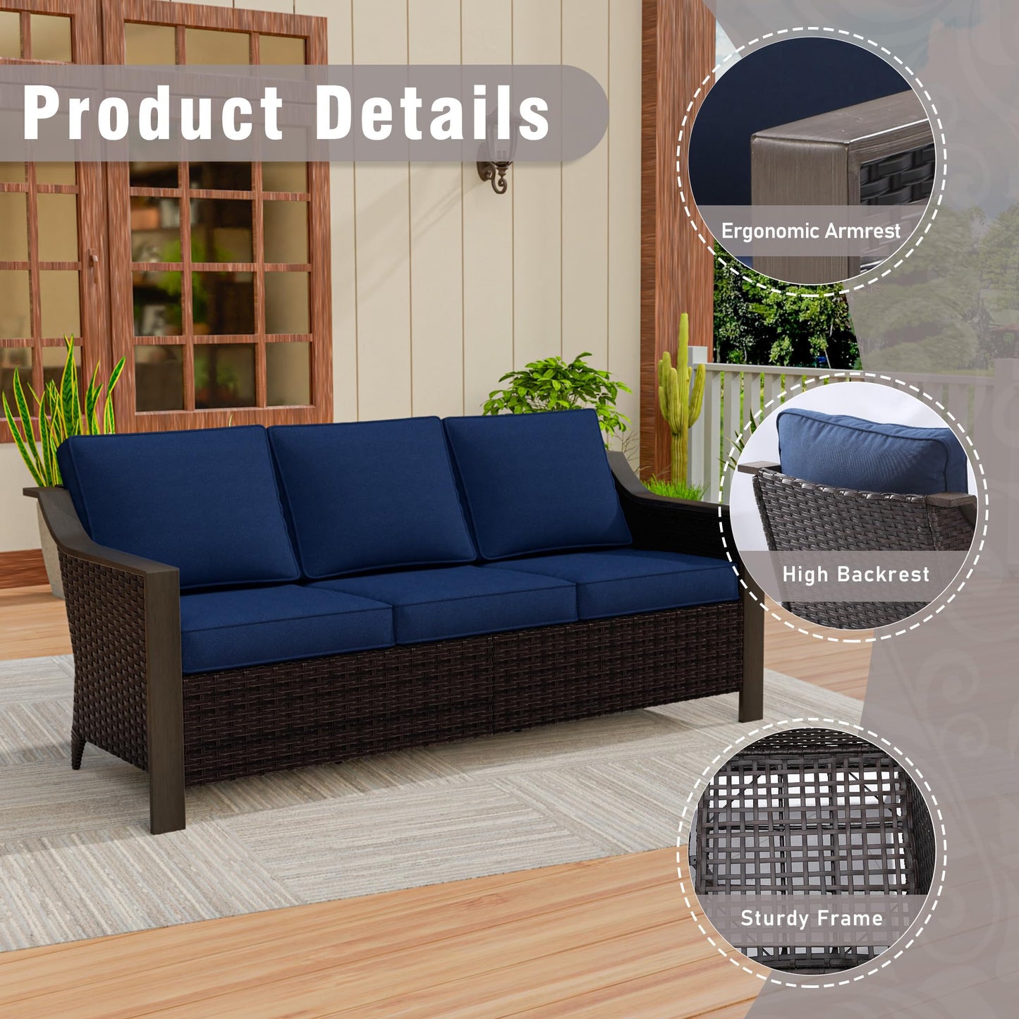 74 Inch Patio 3-Seater Sofa,PE Wicker Outdoor Lounge with Thick Removable Water-Resistant Cushions, Rust-Proof Steel Frame, 900LBS Capacity, Beige