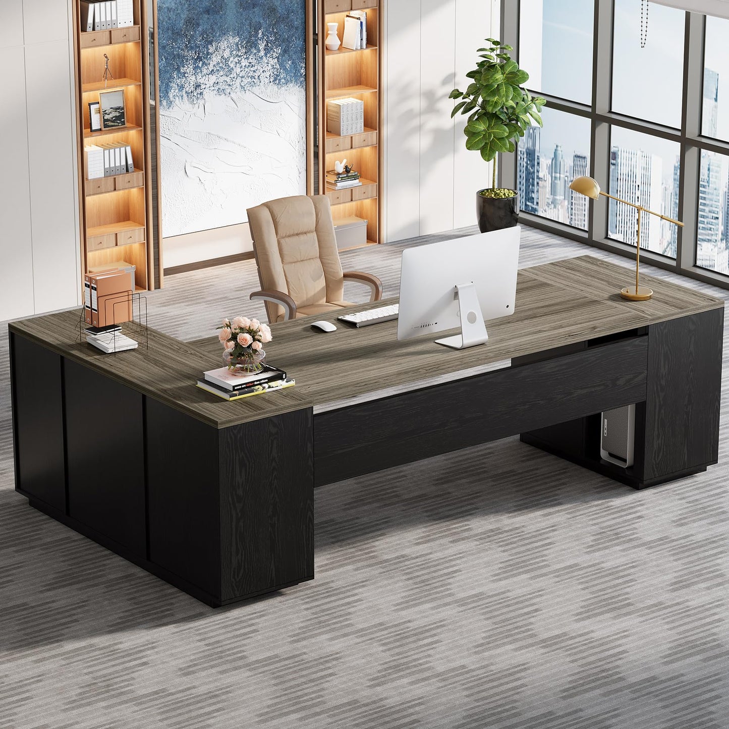 Tribesigns 85.8-Inch L-Shaped Executive Desk with File Drawers, Door Cabinet & Shelves, Extra Large Commercial Office Desk, Modern Professional Office Table, Business Furniture, Warm Brown & Black