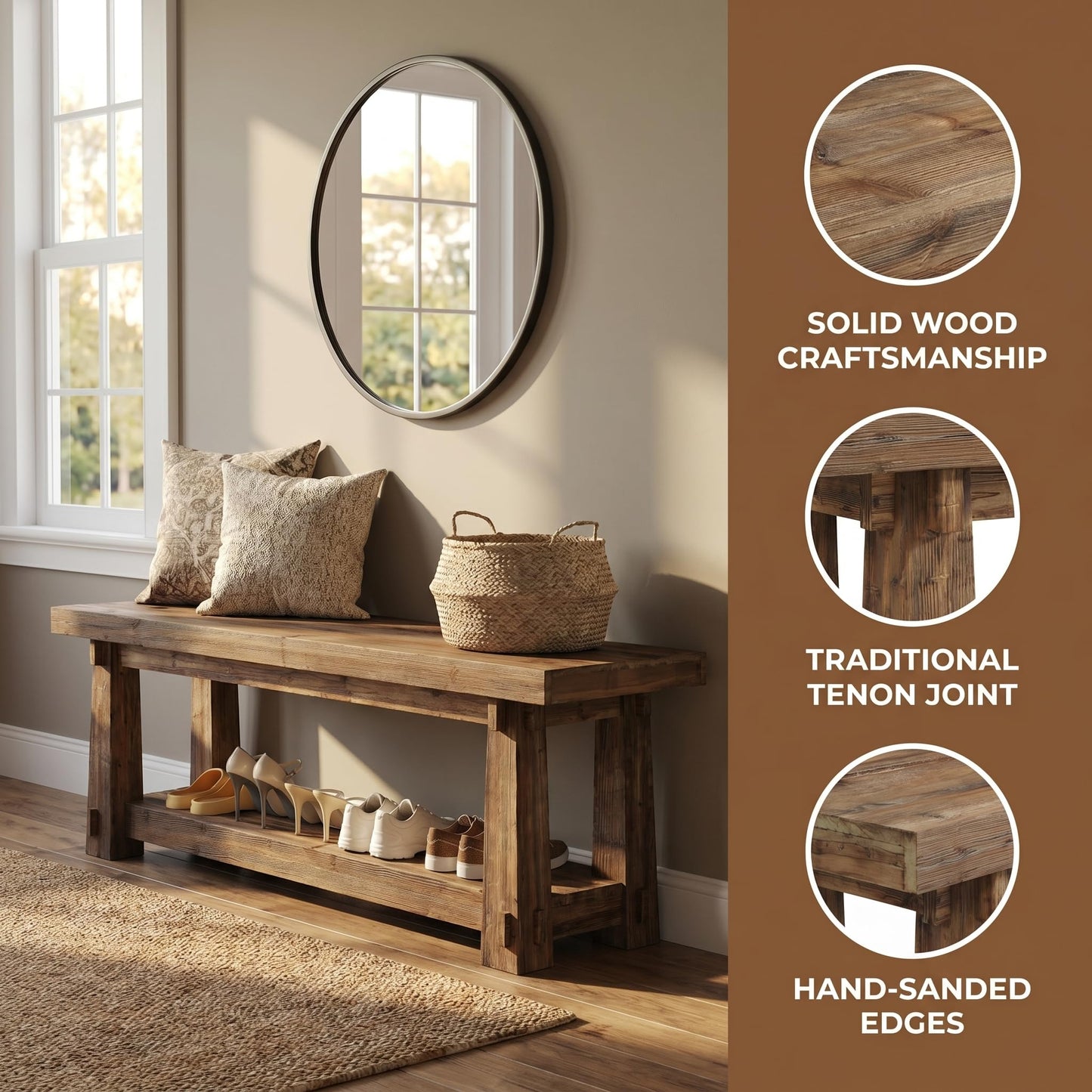 55" Solid Wood Entryway Bench with Shoe Storage, Rustic Wood Grain Shoe Rack Window Bench Seat for Foyer, Hallway, Mudroom, Bedroom, Easy Assembly (Rustic Light Wood)
