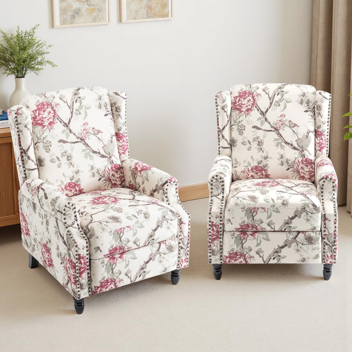 Pushback Recliner Chair, Printed Fabric Wingback Recliner Chair for Living Room, Upholstered Armchair Push Back Recliner with Wood Legs, Rivet Trim Wingback Accent Chair for Bedroom, Navy
