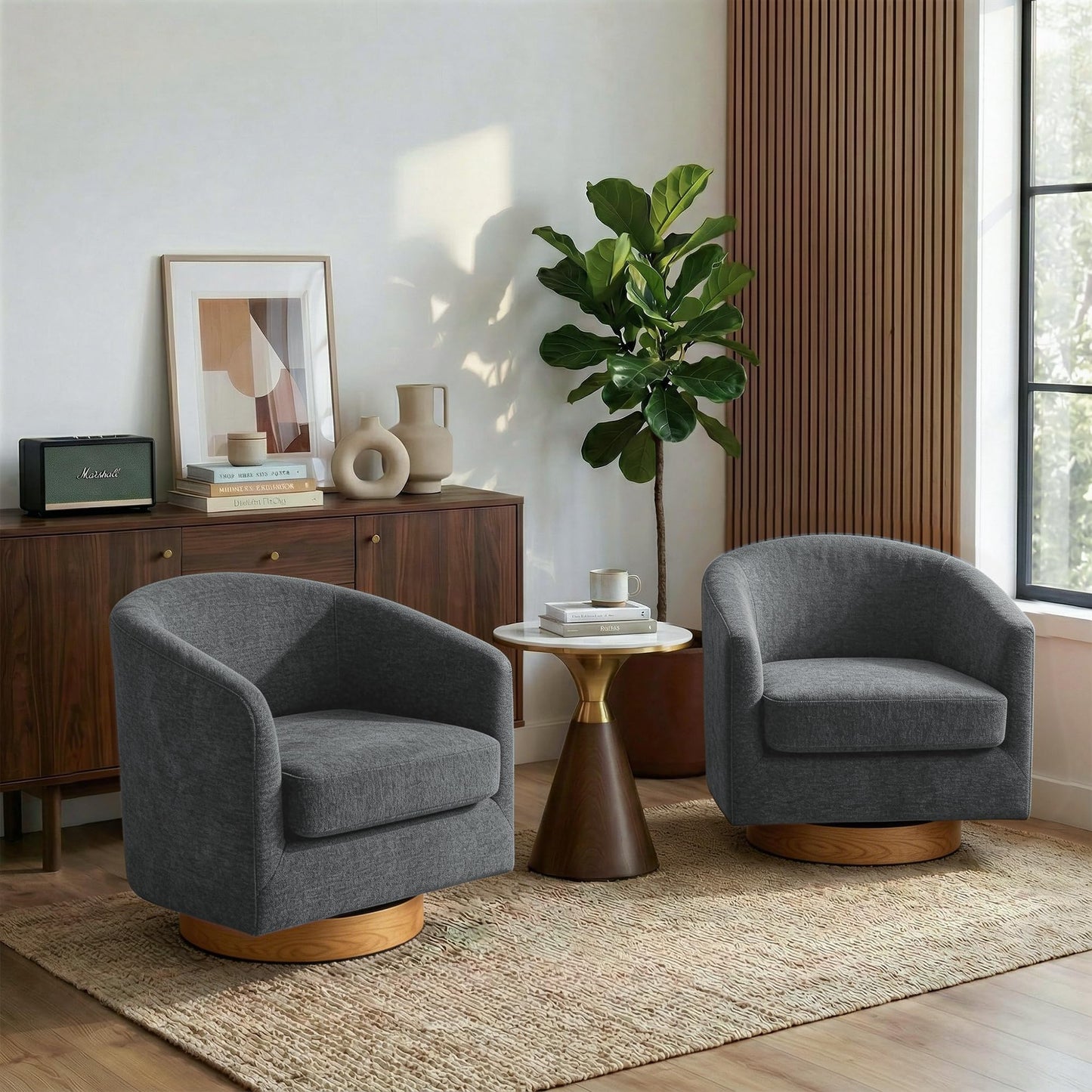 Swivel Barrel Chairs Set of 2, 31" W Modern Faux Leather Round Swivel Accent Chair for Living Room, 360° Rotation Upholstered Armchair Club Chair for Bedroom, Reading Room, Office (Brown)