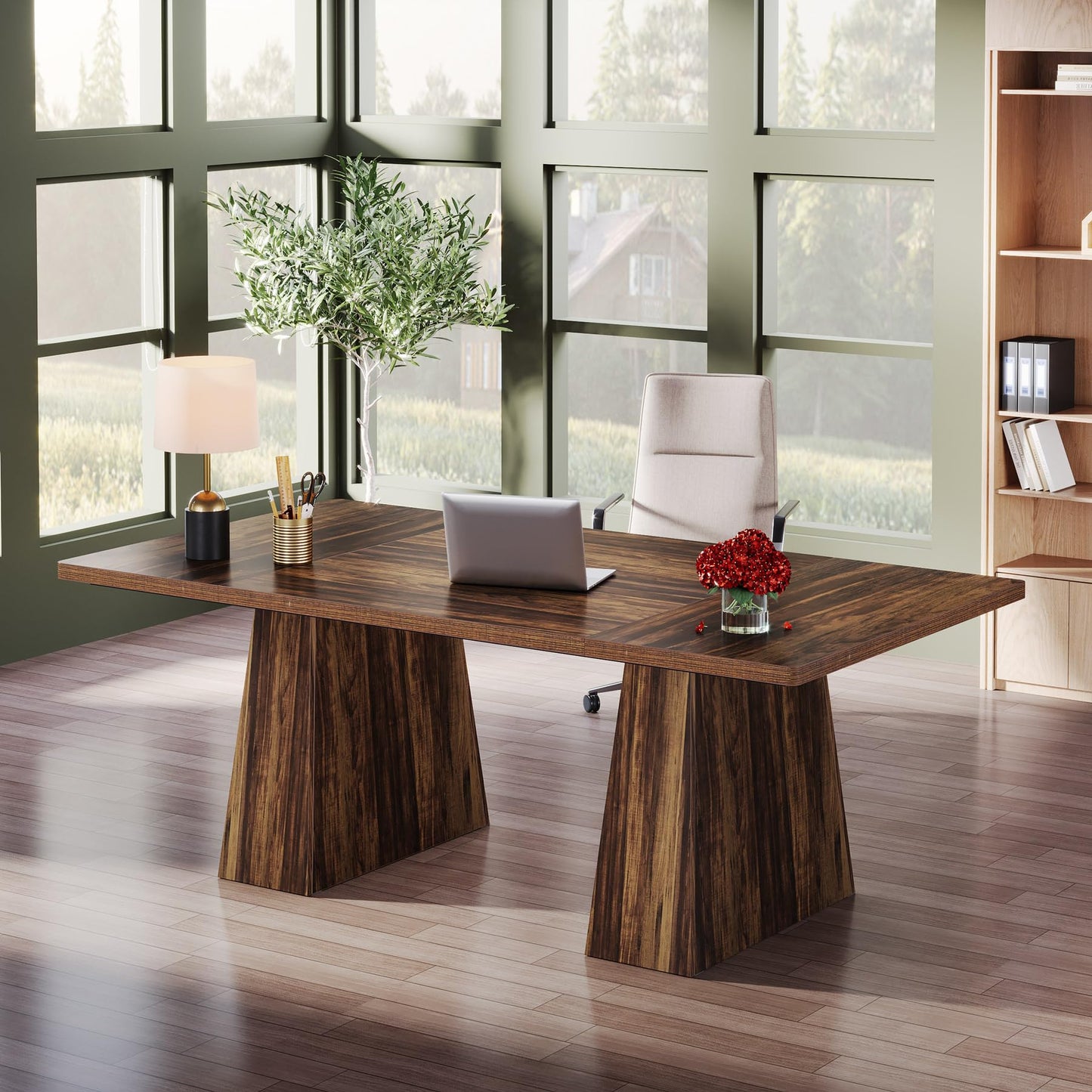 Tribesigns 63-Inch Executive Desk, Large Office Computer Desk with Double Pedestal, Modern Simple Workstations Writing Table Conference Table Business Furniture for Home Office, Light Brown