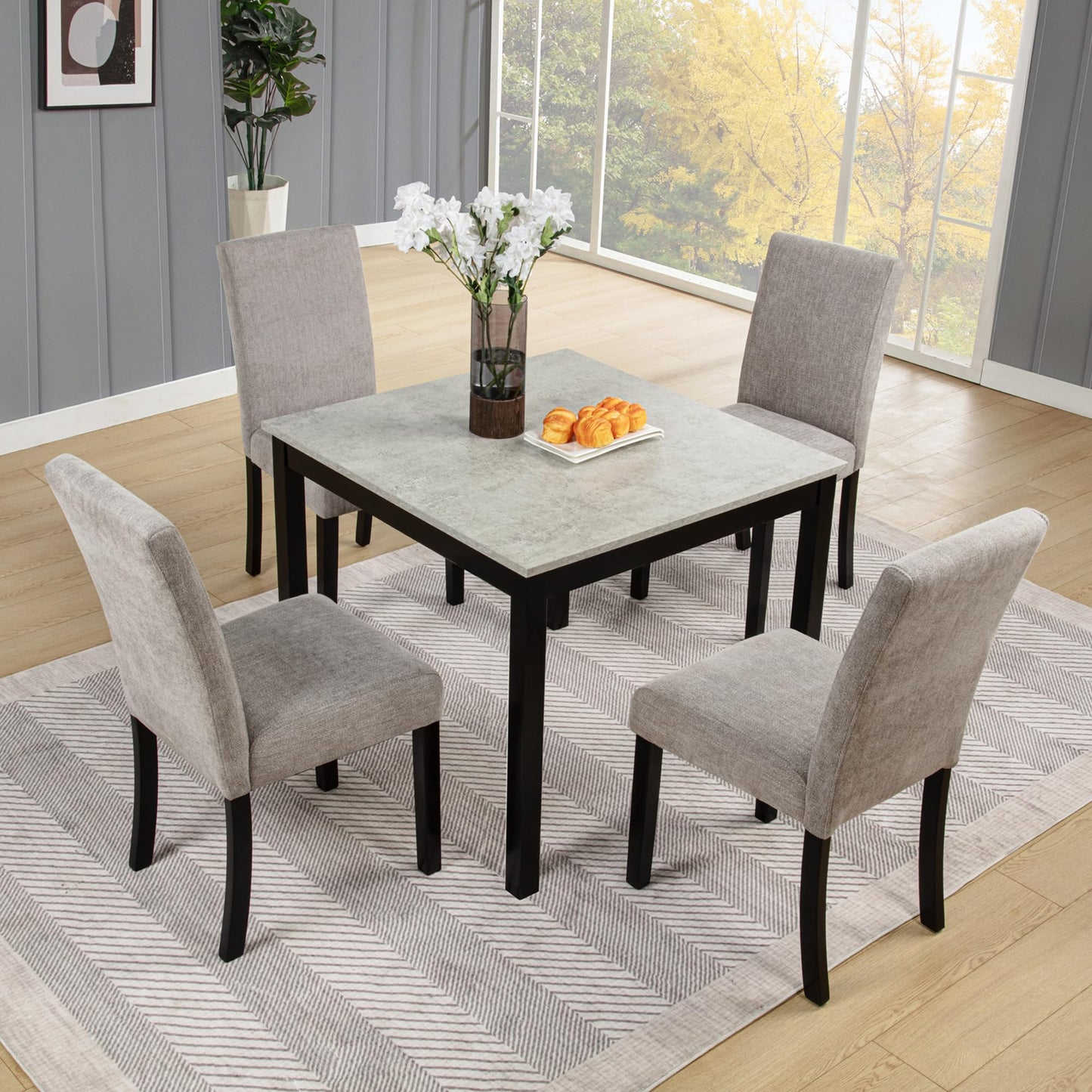 LKTART 5-Piece Kitchen & Dining Room Table and Chairs Sets,Small Square Kitchen Table with 4 Upholstered XX-Shaped Backrest Chairs,Walnut