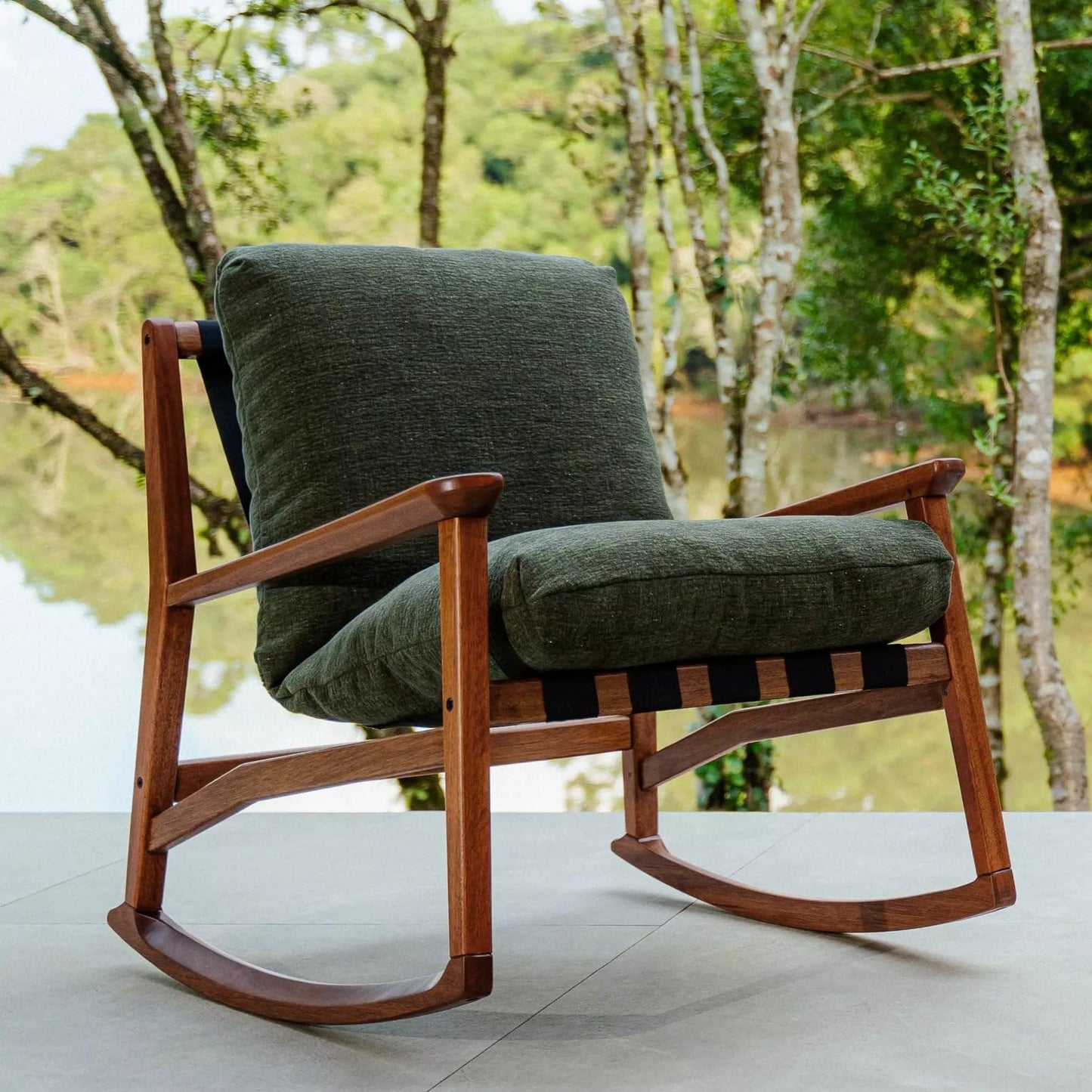 Grain Wood Furniture Solid Wood Mid Century Rocking Chair with Off-White Performance Boucle Cushions