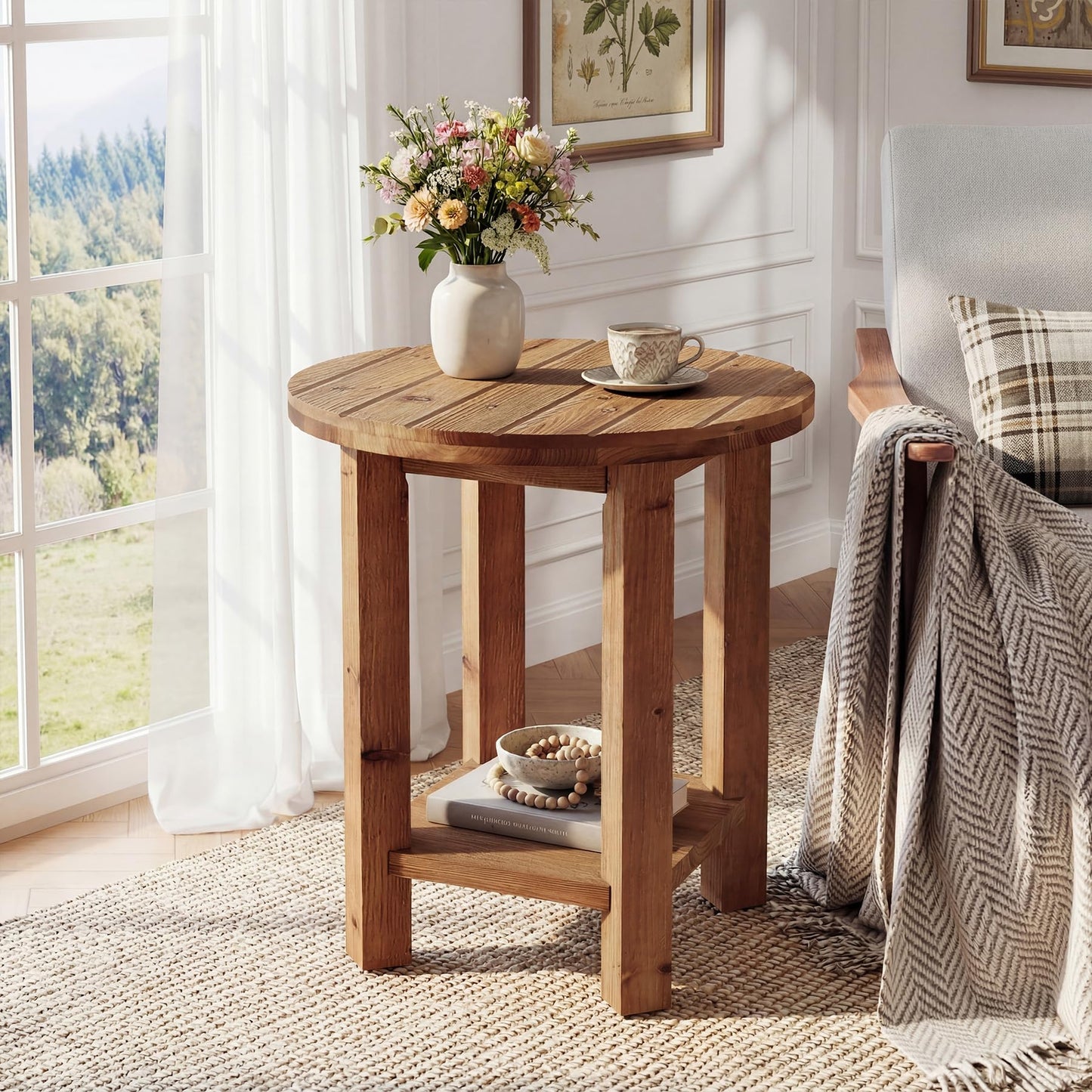 Round Side Table, 2-Tier Solid Wood End Table with Storage Shelf, Small Farmhouse Accent Table with Grooved Textured Tabletop for Living Room, Bedroom, Brown (1)