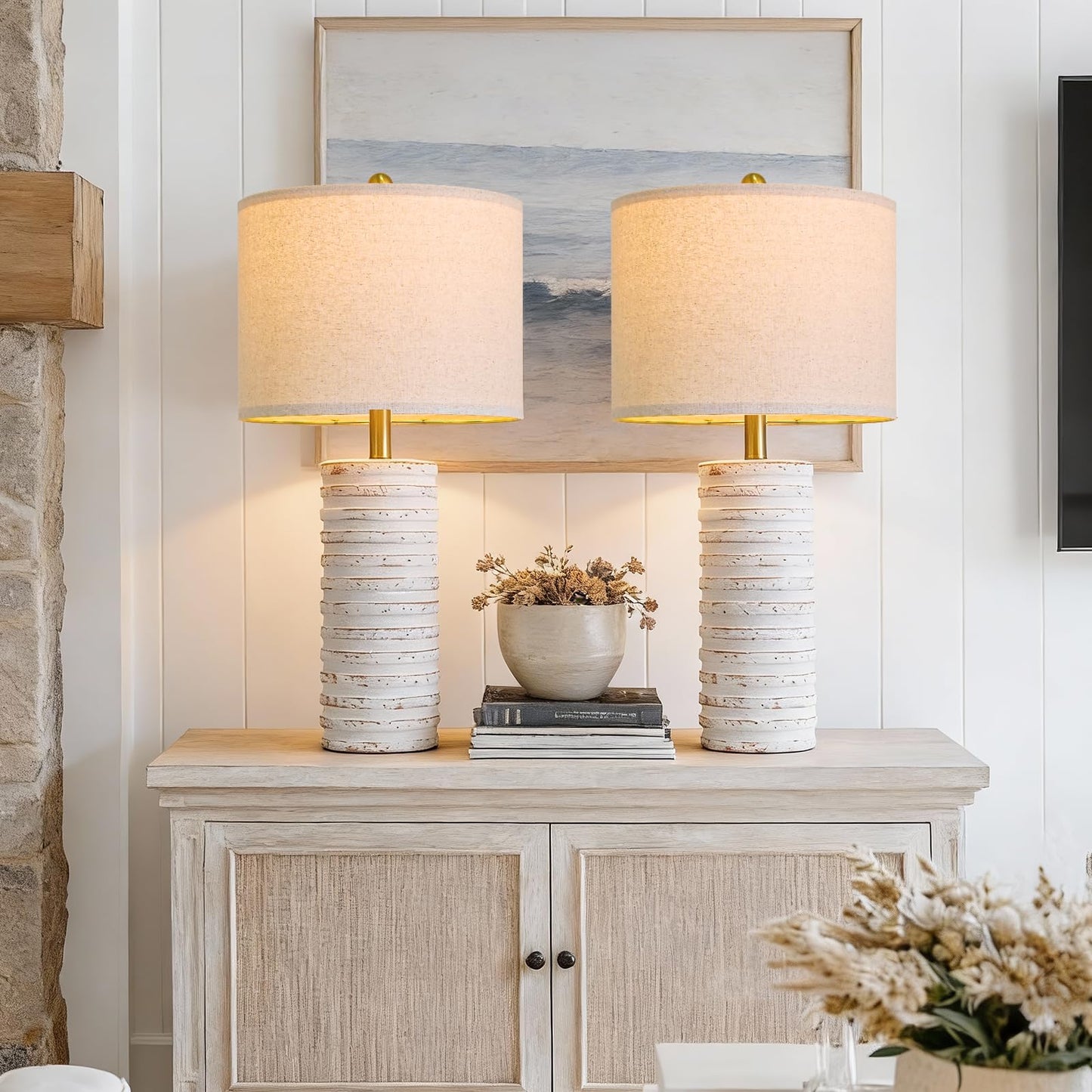 PoKat 27'' Farmhouse Table Lamps Set of 2 for Living Room, Stone-Like Bedside Lamp for Bedroom, Boho Ceramic Tall Lamps for Nightstand Office Sideboard Entryway Distressed (Antique Beige)