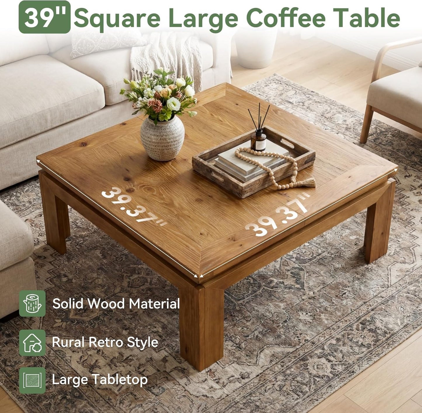 Solid Wood Square Coffee Table, 39.4" x 39.4" Farmhouse Cocktail Center Table with Recessed Edge Design, Easy Assembly, Living Room, Natural Brown