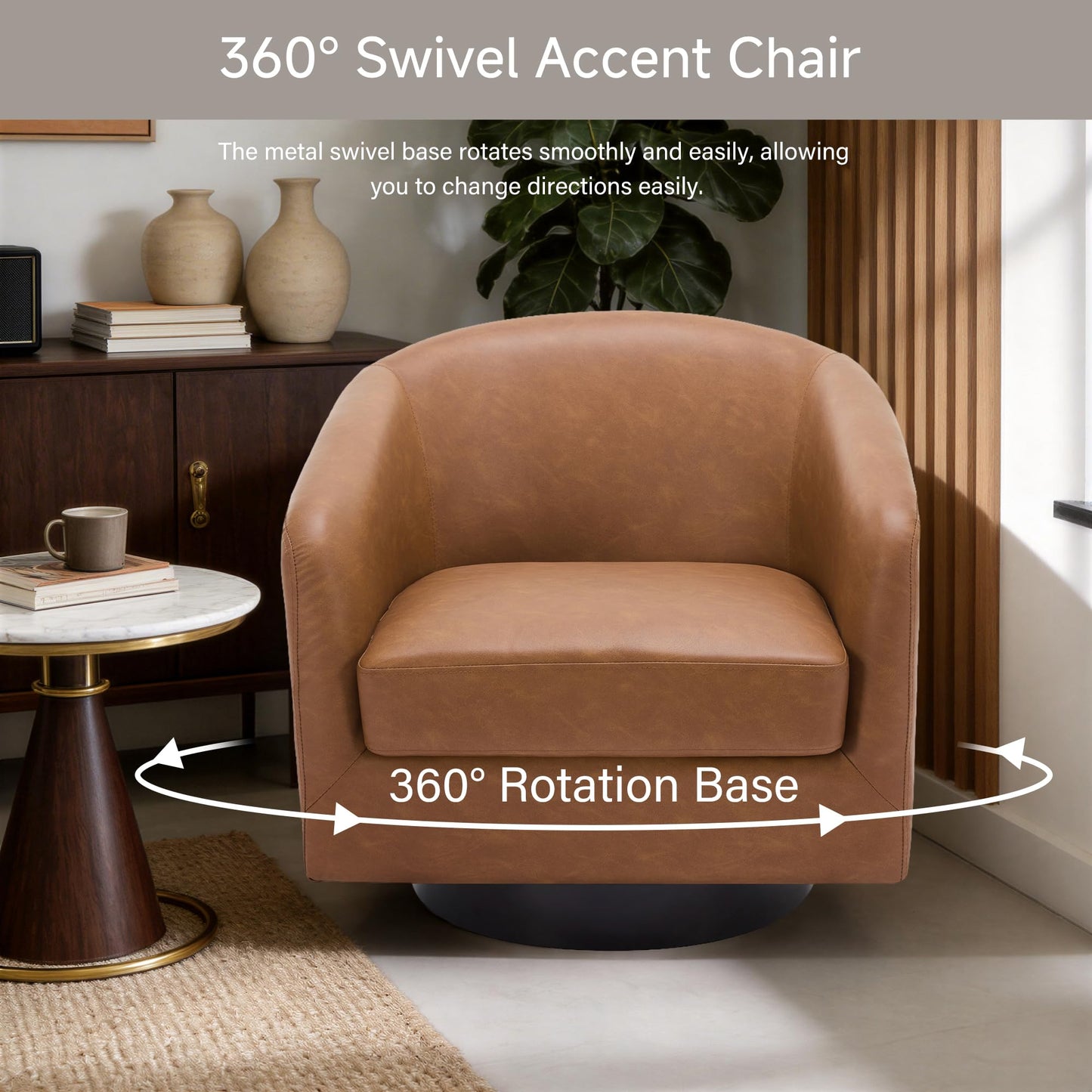 Swivel Barrel Chairs Set of 2, 31" W Modern Faux Leather Round Swivel Accent Chair for Living Room, 360° Rotation Upholstered Armchair Club Chair for Bedroom, Reading Room, Office (Brown)