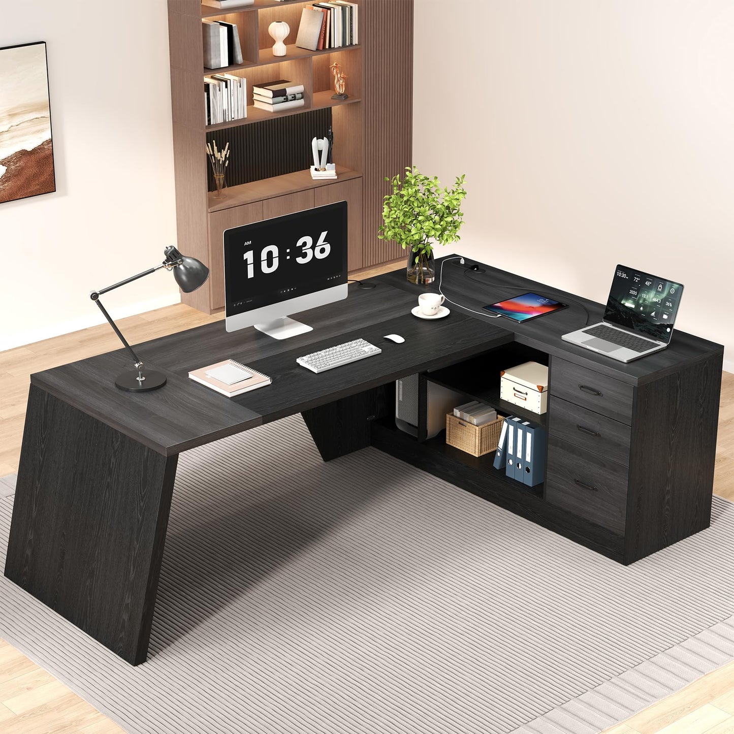 Epecoya L-Shaped Executive Desk with Drawer, 78-Inch Large Home Office Desk with Cord Hold and Power Outlet, Modern Computer Table with Lateral File Cabinet,Open Shelf and PC Stand, Walnut Brown Black