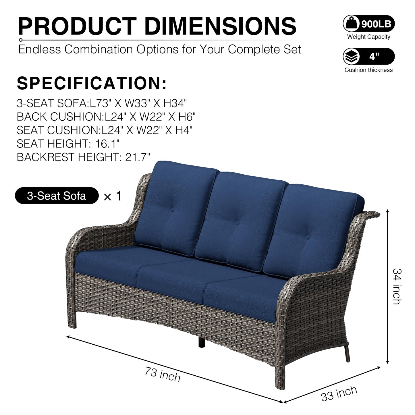 Joyside Outdoor Patio Couch, 3 Seater Outdoor Wicker Sofa with High Back, Deep Seating, Wide Armrest, Thickened Cushions, Patio Sofa for Deck, Porch Use