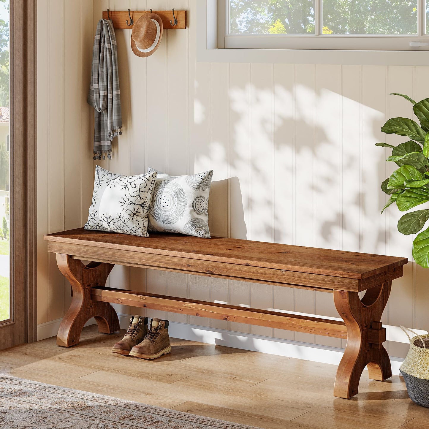 Solid Wood Entryway Bench, 55-Inch Farmhouse Indoor Bench, Narrow Hallway Seat for Living Room, Bedroom (1, Brown)