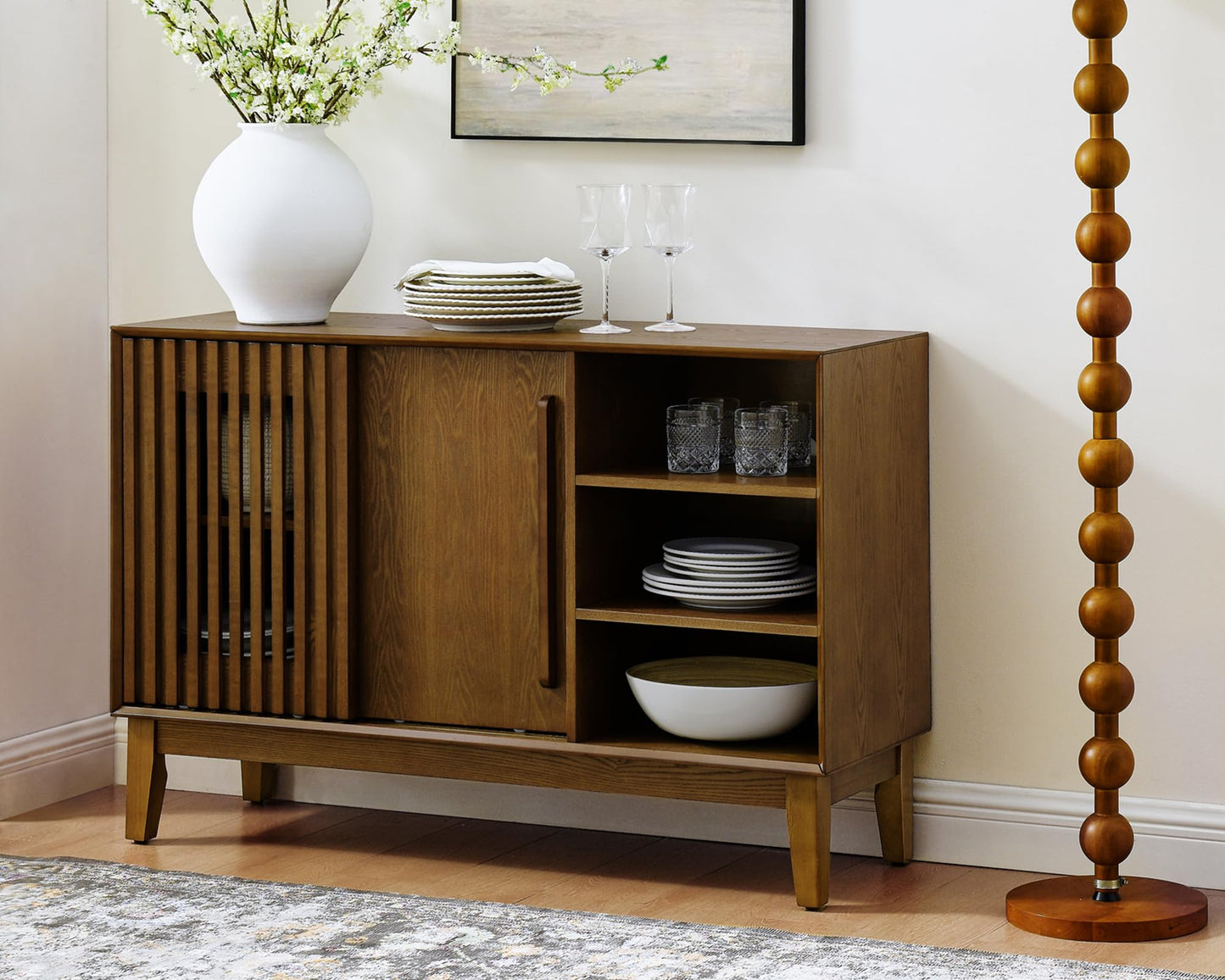 LKTART 63" Rattan Sideboard Buffet Cabinet,Kitchen Storage Cabinet,Wood Coffee Bars with 4 Doors & Open Storage Shelves,Mid Century Modern Credenza Console Table for Living Room,Walnut