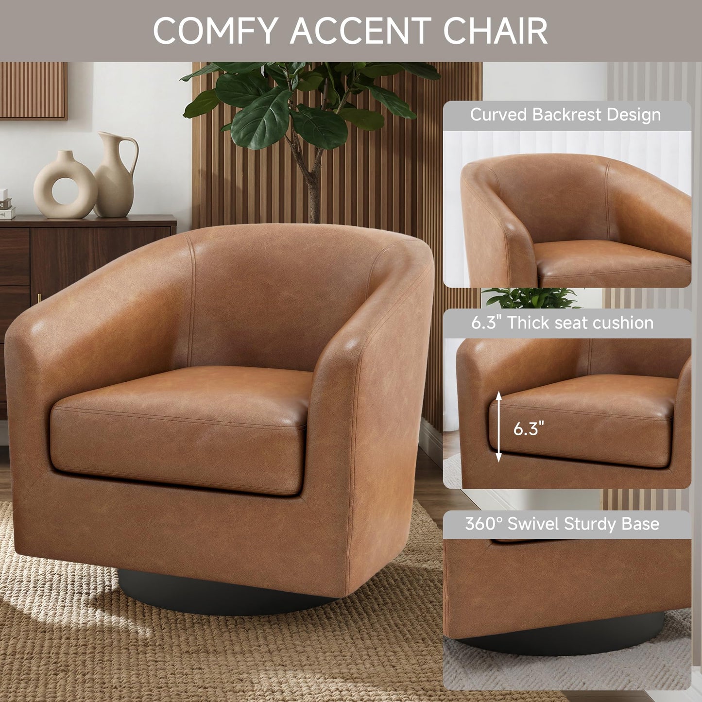 Swivel Barrel Chairs Set of 2, 31" W Modern Faux Leather Round Swivel Accent Chair for Living Room, 360° Rotation Upholstered Armchair Club Chair for Bedroom, Reading Room, Office (Brown)