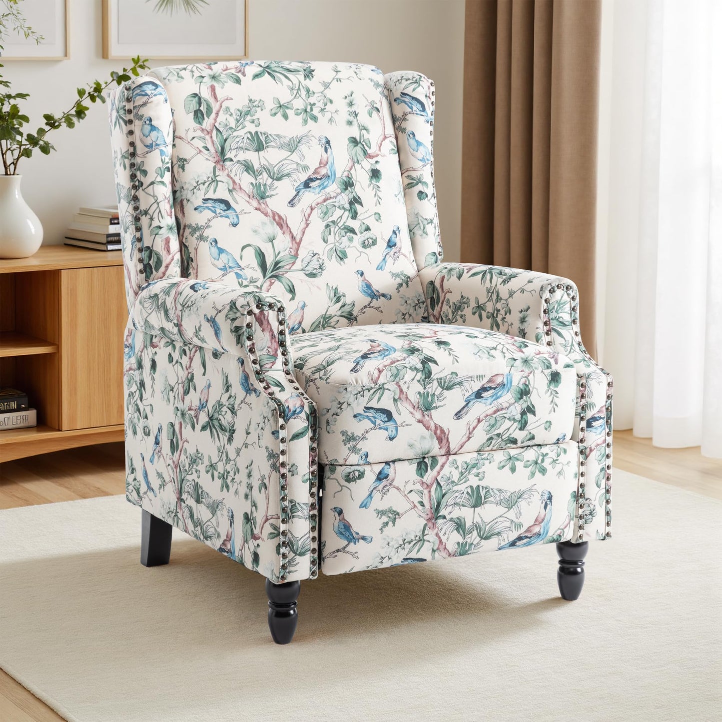 Pushback Recliner Chair, Printed Fabric Wingback Recliner Chair for Living Room, Upholstered Armchair Push Back Recliner with Wood Legs, Rivet Trim Wingback Accent Chair for Bedroom, Navy