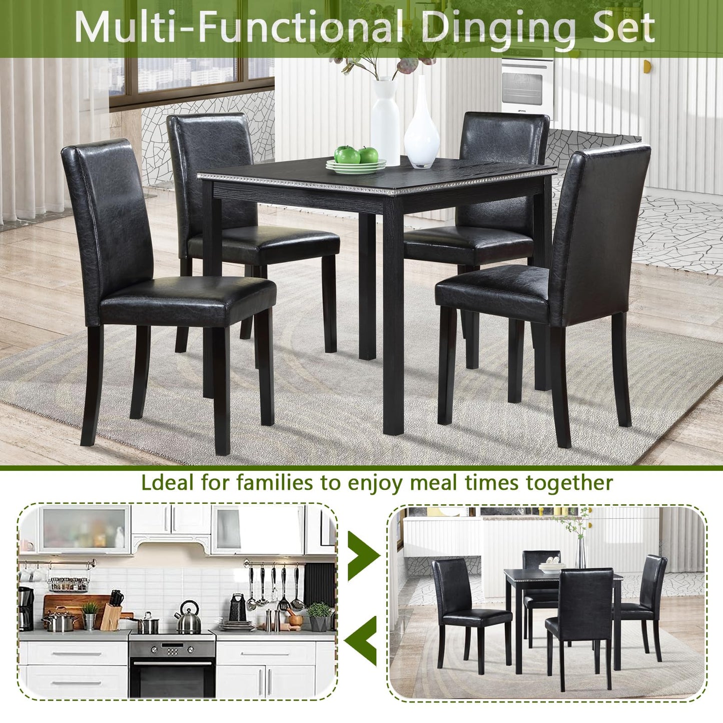 LKTART 5-Piece Kitchen & Dining Room Table and Chairs Sets,Small Square Kitchen Table with 4 Upholstered XX-Shaped Backrest Chairs,Walnut