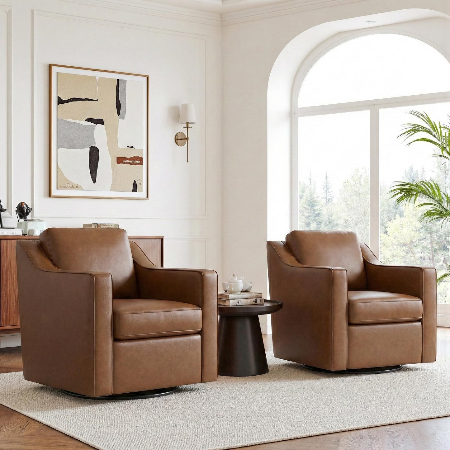 Swivel Accent Chairs Set of 2, 360° Swivel Upholstered Faux Leather Club Armchairs for Living Room, Comfy Single Sofa Reading Chair with Deep Seat, Metal Swivel Base, Coffee
