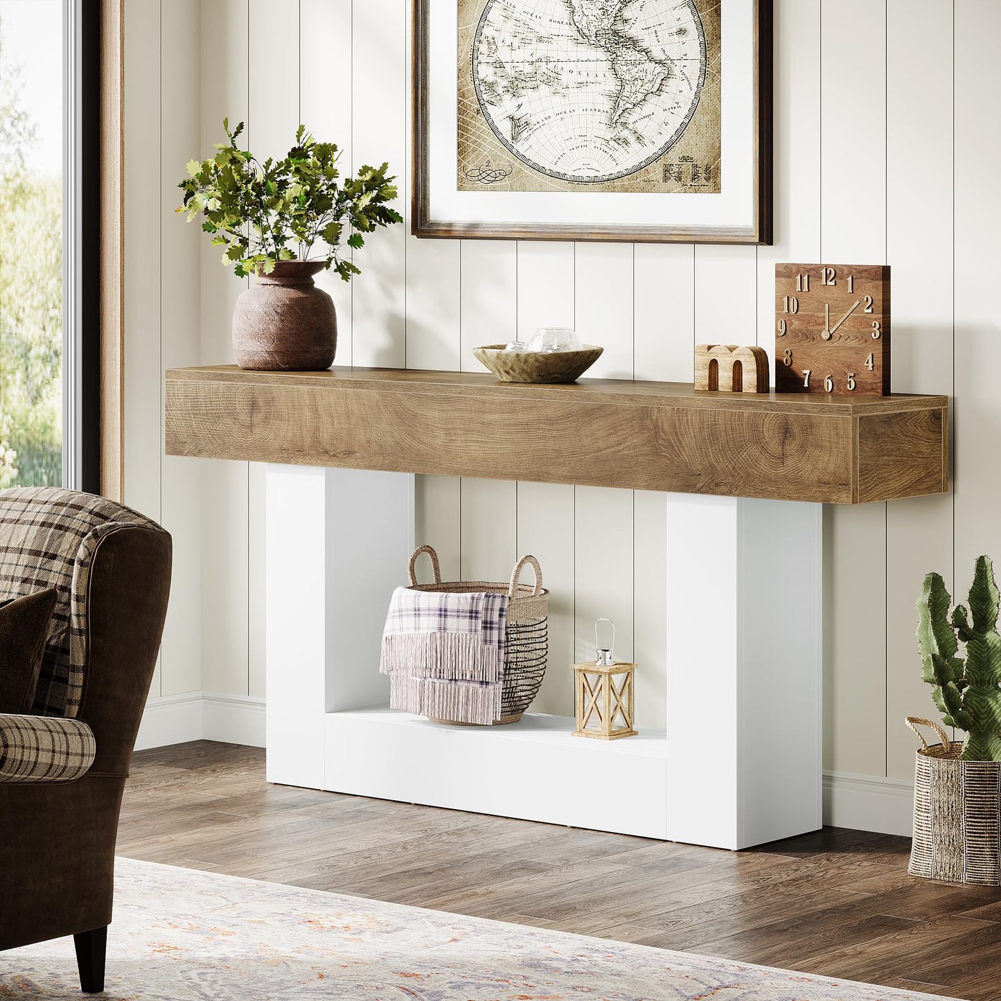Tribesigns 63" Console Table, Farmhouse 2-Tier Entryway Table with U-Shaped Base, Narrow Long Wood Sofa Table Behind Couch Table for Living Room, Hallway, Foyer, Vintage Brown & Gray | Farmhouse