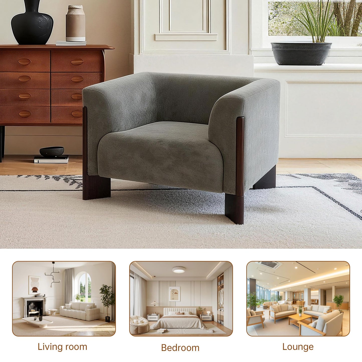 Oversized Accent Chair, Chenille Fabric Upholstered Club Chair for Living Room, 41" Width Single Sofa Chair with Curved Handrail and Solid Wood Legs, Modern Arm Chair for Bedroom Home, Gray
