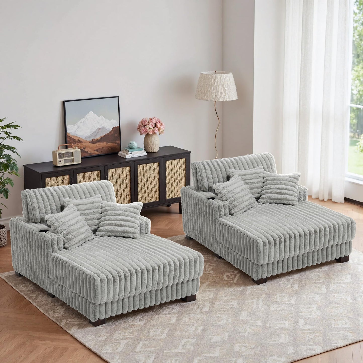 59" Chaise Lounge Chair Indoor, Upholstered Oversized Sleeper Sofa Bed Reading Chairs with 3 Soft Pillows & 2 Cup Holders, Comfy Cloud Deep Seat Sofa for Living Room Bedroom, Set of 2, Navy