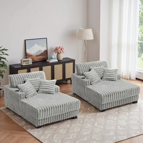 59" Chaise Lounge Chair Indoor, Upholstered Oversized Sleeper Sofa Bed Reading Chairs with 3 Soft Pillows & 2 Cup Holders, Comfy Cloud Deep Seat Sofa for Living Room Bedroom, Set of 2, Navy