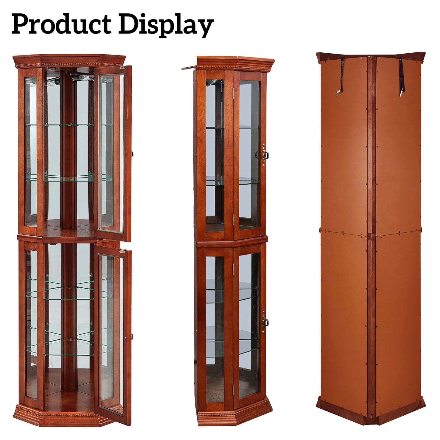 LKTART Curio Glass Display Cabinet, 70" Tall Corner Storage Cabinet with Lights and Mirrored Back Panel,China Cabinet with Tempered Glass Doors and Shelves(Walnut)