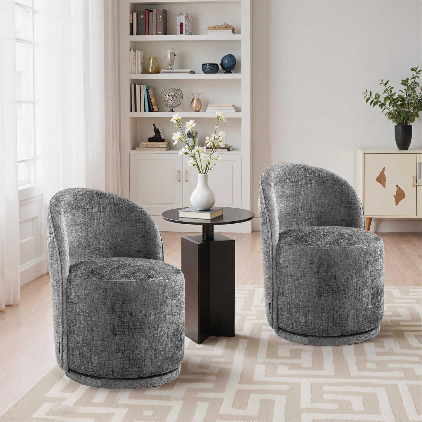 Swivel Barrel Dining Chairs Set of 2, Faux Leather Upholstered Round Dining Chairs, 360° Swivel Vanity Chair Comfy Armless Accent Makeup Chair for Dining/Living Room Makeup Room, Brown