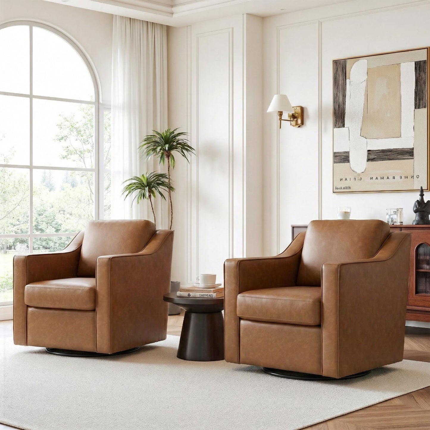 Swivel Accent Chairs Set of 2, 360° Swivel Upholstered Faux Leather Club Armchairs for Living Room, Comfy Single Sofa Reading Chair with Deep Seat, Metal Swivel Base, Coffee