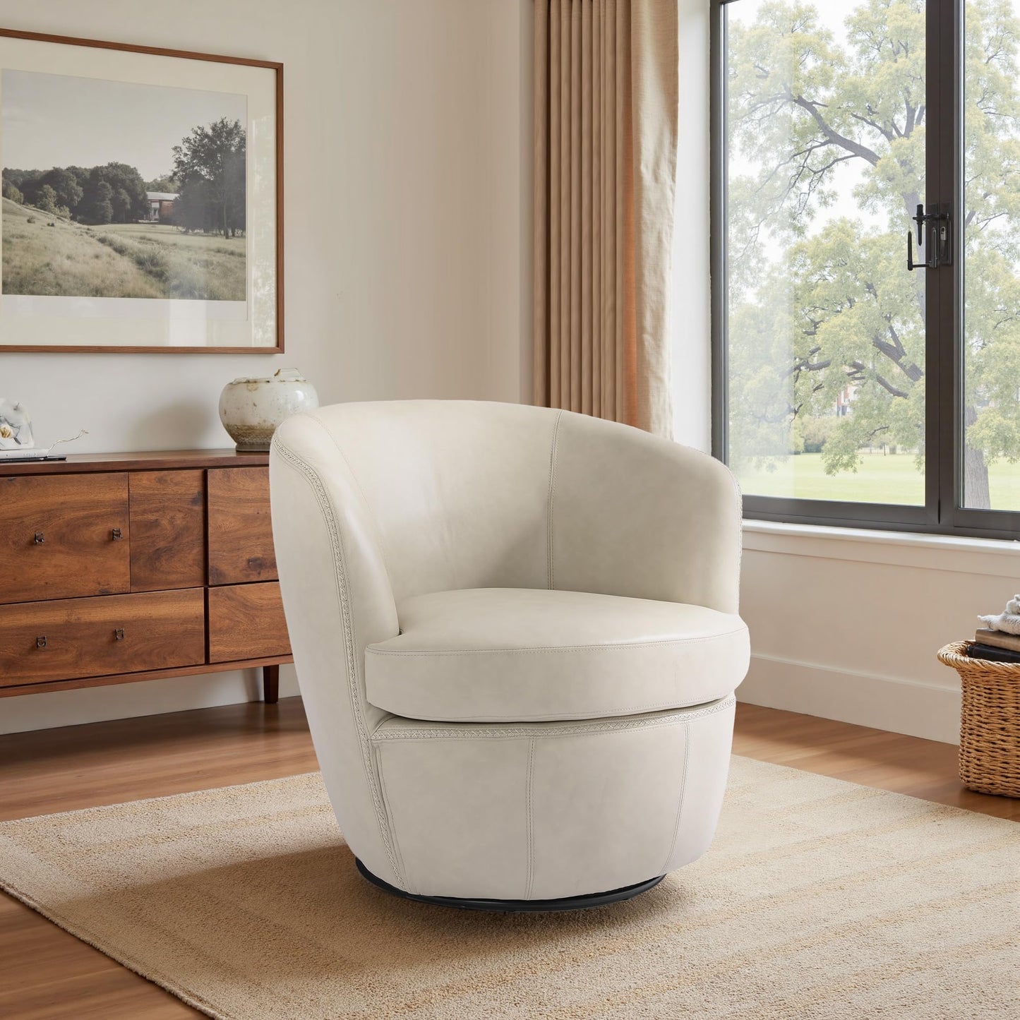 360° Swivel Barrel Accent Chair, Faux Leather Round Swivel Chair for Living Room, Comfy Upholstered Armchair Single Sofa Club Chair for Bedroom Reading Room, No Assembly Required - Light Brown