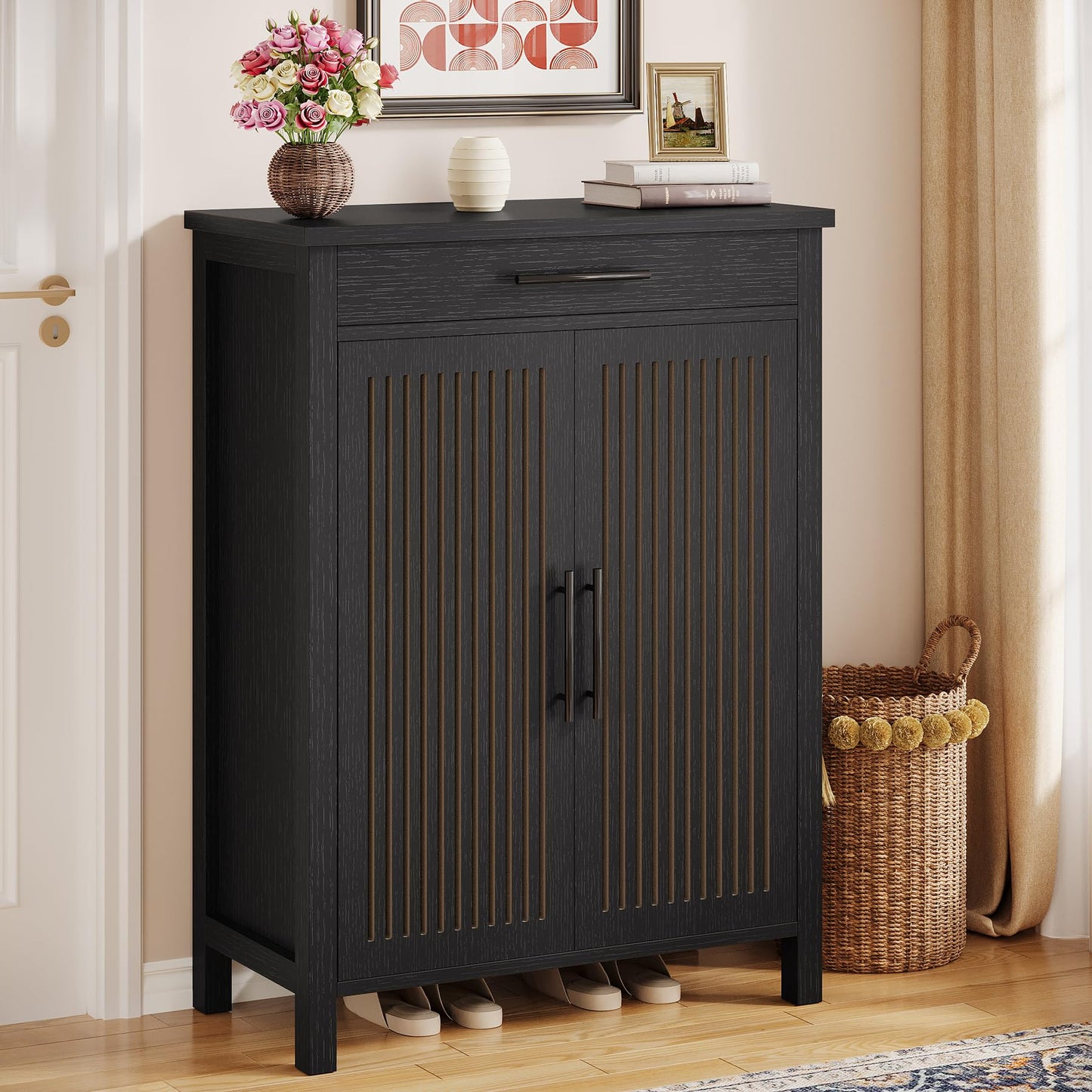 Tribesigns Shoe Cabinet, 5-Tier Shoe Storage Cabinet with Louvered Doors and Drawer, Freestanding Wooden Shoe Rack Organizer with Adjustable Shelves for Entryway, Hallway, Closet, Brown