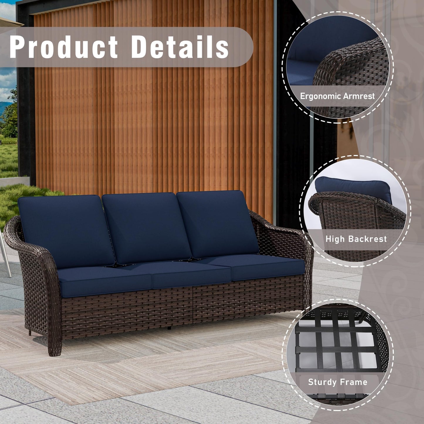 55 inch Outdoor Wicker 2 Seater Sofa, All-Weather Use Patio Rattan Loveseat with Seat and Back Cushion, Ideal for Porch, Backyard, Balcony, Poolside, Blue