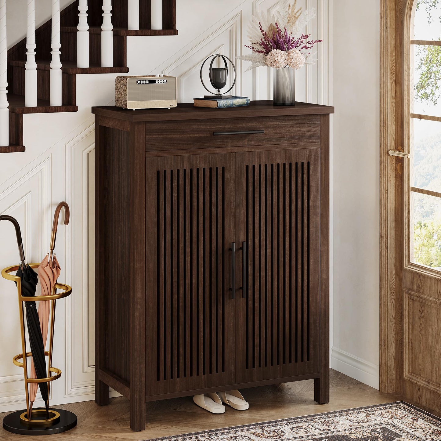 Tribesigns Shoe Cabinet, 5-Tier Shoe Storage Cabinet with Louvered Doors and Drawer, Freestanding Wooden Shoe Rack Organizer with Adjustable Shelves for Entryway, Hallway, Closet, Brown