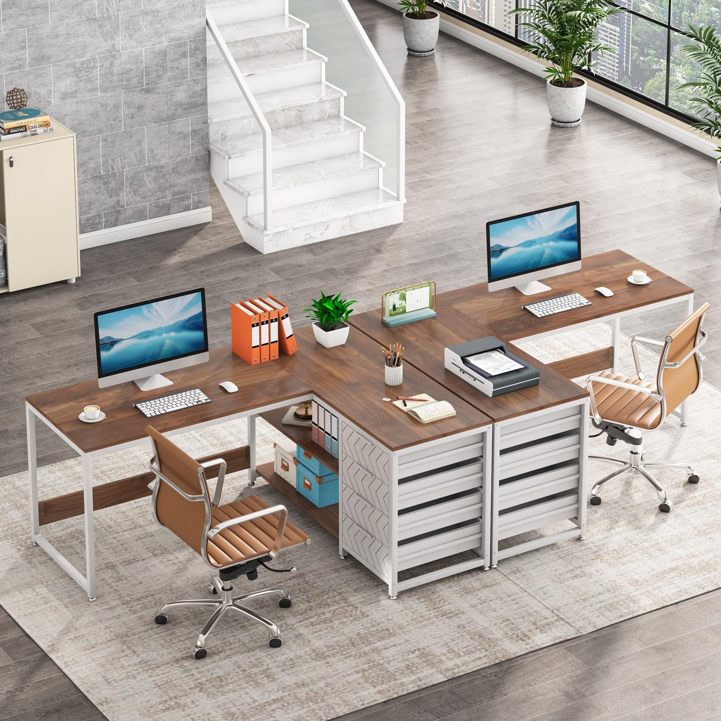 Tribesigns L Shaped Computer Desk with Storage Drawers, 59 inch Corner Desk with Shelves, Reversible L-Shaped Office Desk Study Writing Table Workstation for Home Office, Walnut & White