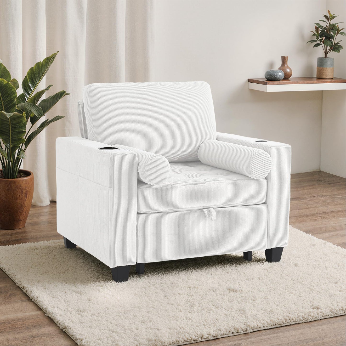Sleeper Sofa Chair Bed, 3-in-1 Convertible Sleeper Chair with Pull Out Bed, Comfy Corduroy Sofa Bed Couch with Reclining Adjustable Backrest, USB Ports, Cup Holder, Side Pocket (Gray, 38.8")