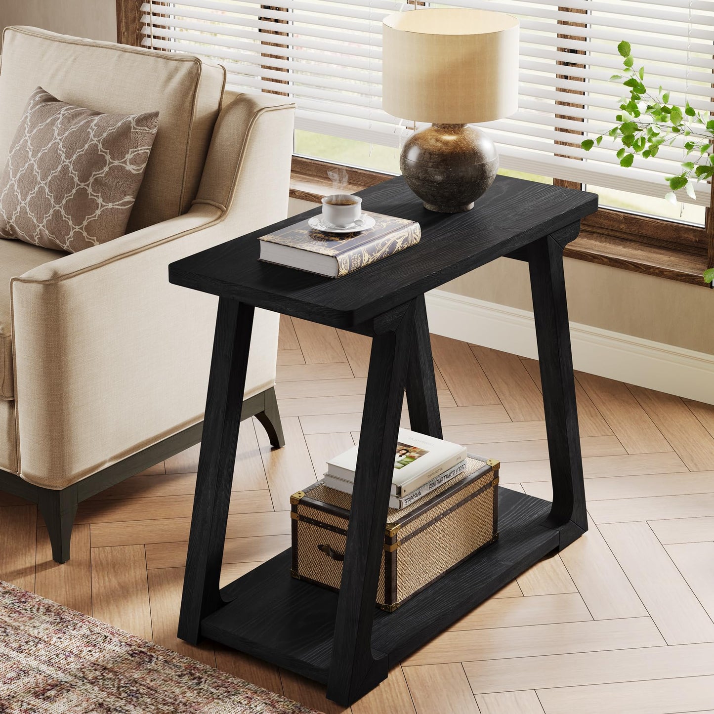 2-Tier Solid Wood End Table, Narrow Side Table, Farmhouse Rectangle Nightstand for Living Room, Bedroom, Easy Assembly, Trapezoidal Base (2, Natural Brown)