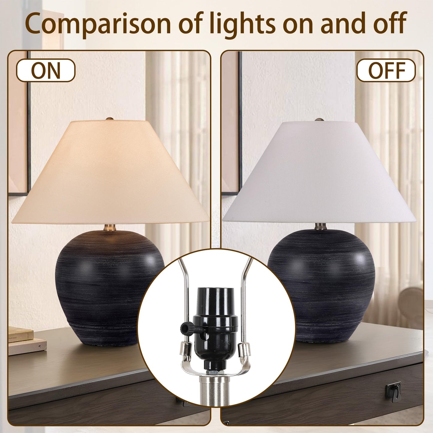 Farmhouse Ceramic Table Lamp, 21" Rustic Table Lamp with Linen Shade, 3-Way Dimmable Bedside Nightstand Lamps for Bedroom, Living Room, E26 Socket, Dark Grey