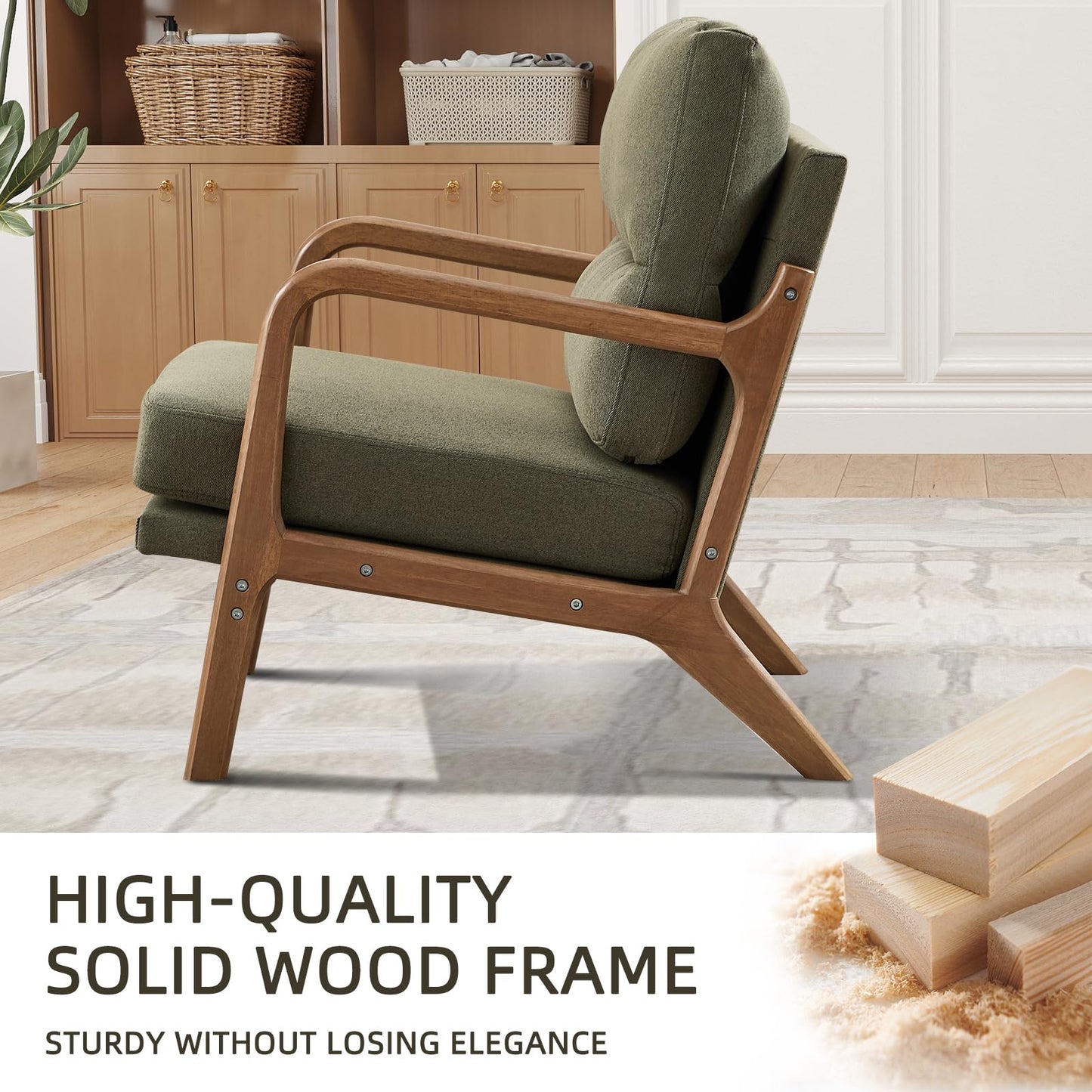 IOMOR Mid Century Modern Accent Chair with Solid Wood Frame Linen Fabric, Upholstered Living Room Chairs with Lumbar Cushion Padded Arms, Reading Armchair for Bedroom (1, Warm Beige)