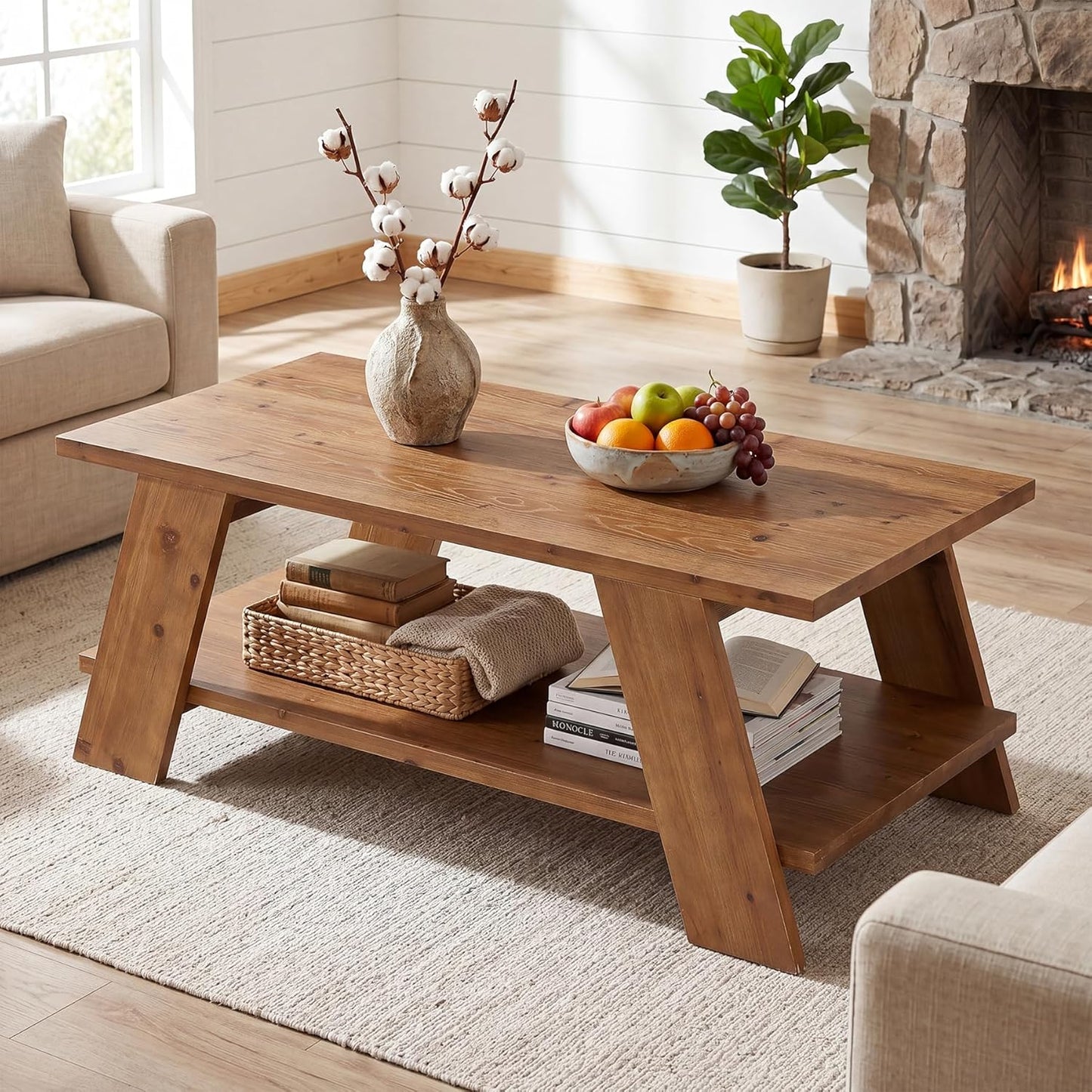 47-Inch Solid Wood Coffee Table for Living Room, 2-Tier Rectangle Center Table with Storage Shelf, Farmhouse Rustic Living Room Furniture, Brown